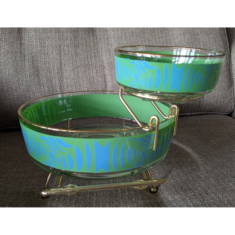 Vintage MCM Jeanette Glass Neon Blue Green Chip N Dip Set With Stands